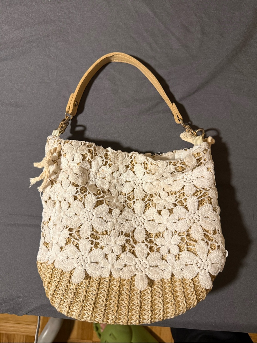 Cream Floral Crochet Straw Tote Bag - Women's Summer Handbag